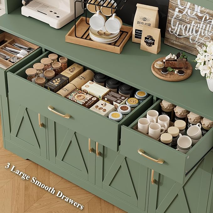HOSTACK 71" Tall Pantry Cabinet with Charging Station, 55" Wide Kitchen Pantry Storage Cabinet with Countertop, Large Kitchen Hutch with Storage Drawers and Microwave Stand for Dining Room, Green