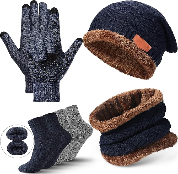 Winter Fleece Lined Beanie Hat Scarf Sock Touchscreen Gloves Set for Men Women