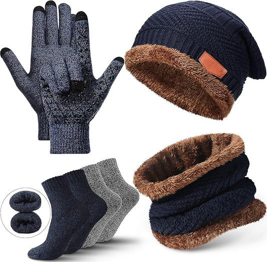 Winter Fleece Lined Beanie Hat Scarf Sock Touchscreen Gloves Set for Men Women