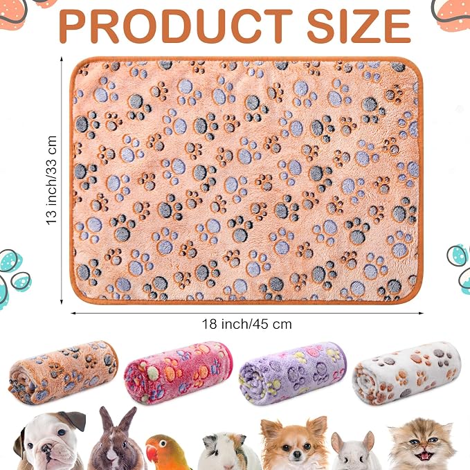 Reginary 4 Pcs Guinea Pig Fleece Blankets, Paw Print, 18 x 13 Inch | Waterproof Washable Cage Liners, Absorbent Double Layer Bedding for Guinea Pigs, Reusable Pads for Hamsters Rabbits