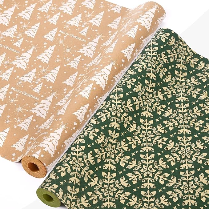 AhfuLife 2 Rolls Christmas Wrapping Paper, 43cm x 15M Xmas Wrapping Paper Rolls Recyclable Kraft Paper for Xmas Boxes Wrap Gift Birthday Festival Party Decorations (W: Christmas Tree/Snowflake)