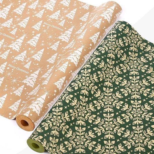 AhfuLife 2 Rolls Christmas Wrapping Paper, 43cm x 15M Xmas Wrapping Paper Rolls Recyclable Kraft Paper for Xmas Boxes Wrap Gift Birthday Festival Party Decorations (W: Christmas Tree/Snowflake)