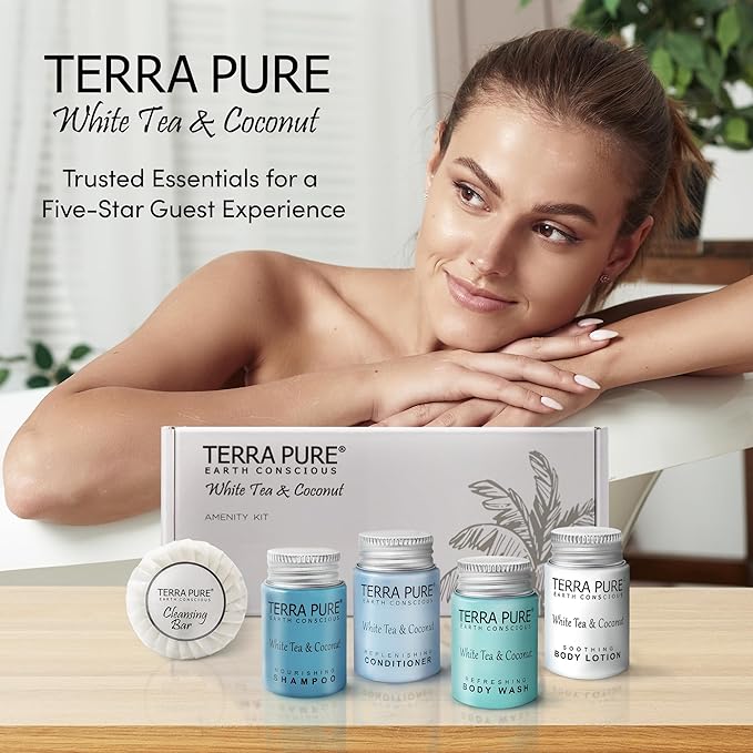 Terra Pure White Tea & Coconut Amenity Kit | Hotel Bulk Toiletries | 1 oz Shampoo, Conditioner, Lotion, Body Wash, Cleansing Bar for Guest Hospitality Vacation Rentals| 15 Sets/Case