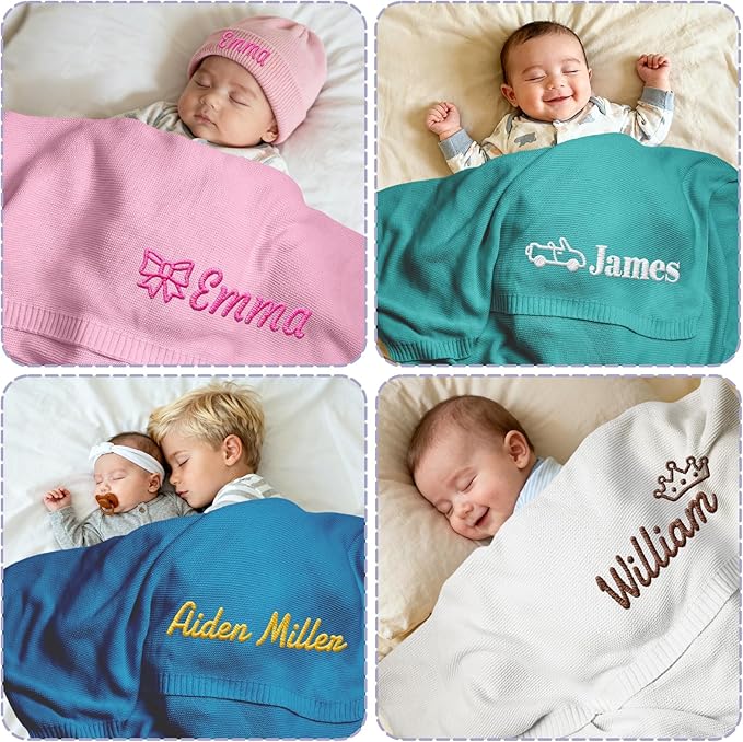 Personalized Baby Blanket with Name - Custom Embroidered Knitted Swaddle Receiving Blanket, 30x40 Inch, Soft Organic Cotton, Unique for Newborn, Birthday, Christmas