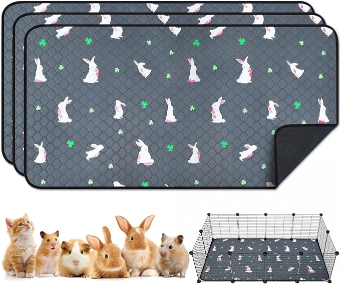 3 Pack Guinea Pig Cage Liners, Washable Guinea Pig Pee Pads Waterproof Reusable & Anti Slip Guinea Pig Bedding Fast and Super Absorbent Pee Pad Tarp Bottom for Small Animals (Rabbit Pattern 24" X 47")