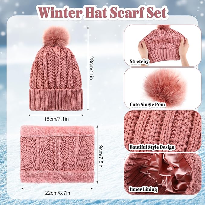 SATINIOR 5 Pcs Winter Satin Lined Hat Scarf Gloves Set Knit Pompom Beanie Warm Touchscreen Glove Earmuff Ear Warmer for Women