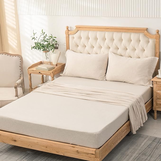 PURE ERA Jersey Knit 4pc Bed Sheet Set 100% T-Shirt Heather Cotton Super Soft Comfy Breathable Fits Mattress Up to 20" Extra Deep Pocket (Heather Beige, Queen)