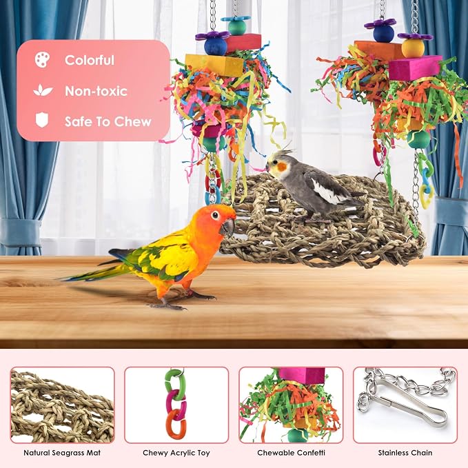 KATUMO Bird Toys, Grass Swing Hammock Climbing Toy for Parrot Parakeet | Natural Grass with Colorful Chew Toys, Climbing and Resting Toys for Small and Medium Pet Birds