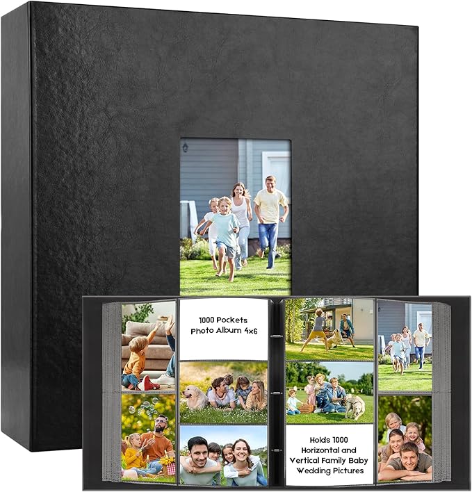 1000 Pocket Photo Album 4x6 Leather Cover, Extra Large Capacity Holds 1000 Horizontal and Vertical Photos, Acid Free Non Stick Pages with Front Window, Perfect for Wedding Family Baby Memories (Black)