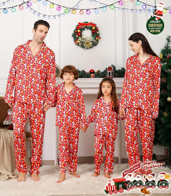 ANGELGGH Family Christmas PJs Matching Sets 2 Pcs Festival Party Pajamas Holiday Warm Sleepwear Couples Button Loungewear