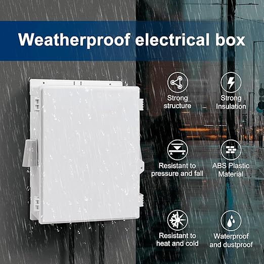 Outdoor Electrical Box with Thermostat and Fan, ABS Water Resistant Enclosure with Internal Mounting Panel & Hinged Cover,16" H* 12" L* 5.9" W Plug & Play.