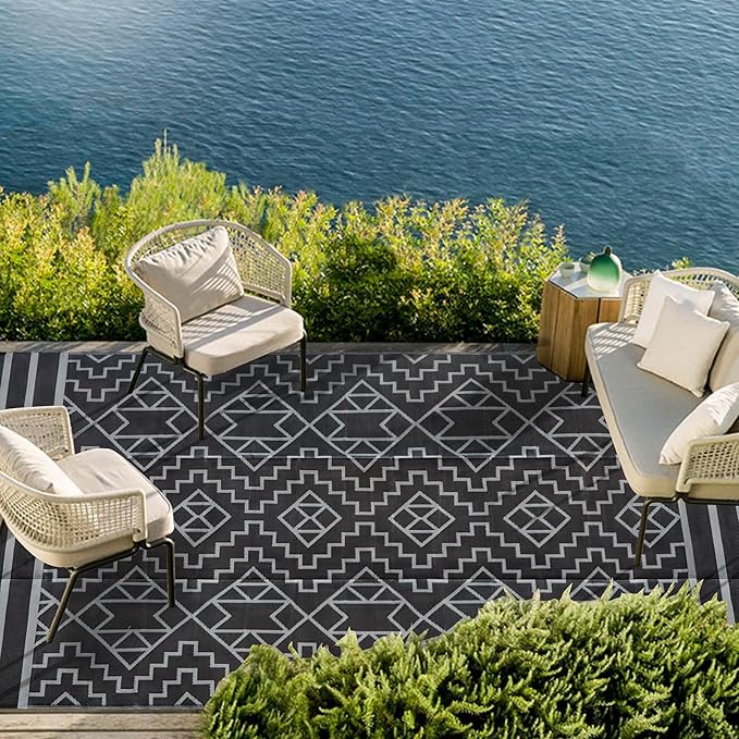 SAND MINE Reversible Mats, Plastic Straw Rug, Modern Area Rug, Large Floor Mat and Rug for Outdoors, RV, Patio, Backyard, Deck, Picnic, Beach, Trailer, Camping (9' x 18', Black & Grey)