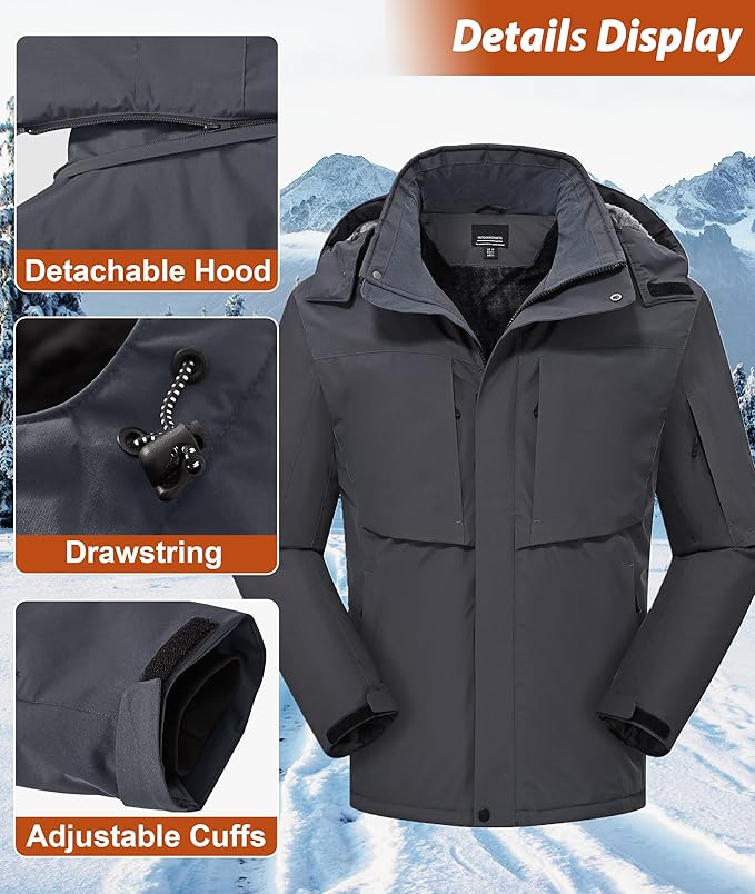 Mens Winter Snow Jacket Waterproof Ski Jackets Snowboard Rain Warm Coat Insulated Hood Fleece Lined