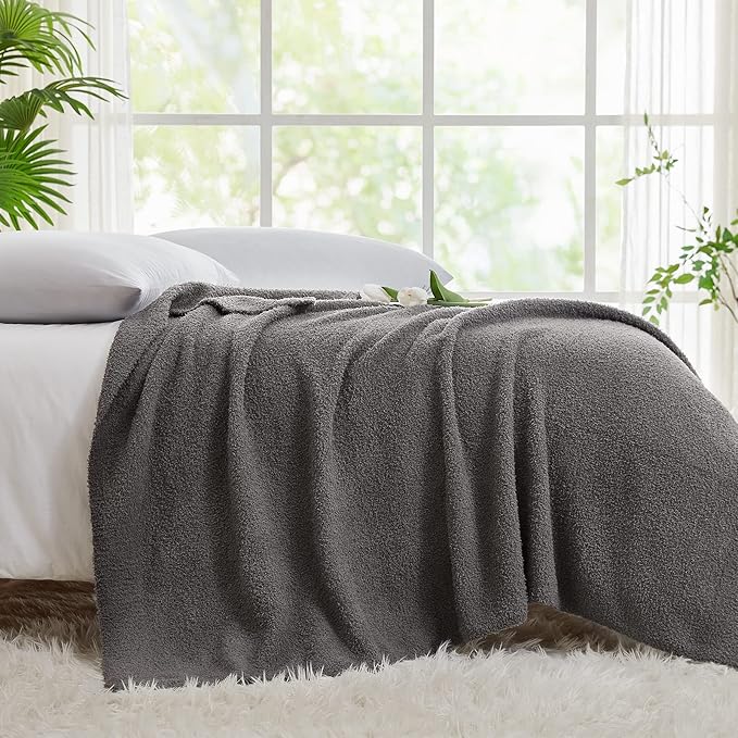 CYMULA Super Soft Knit Throw Blanket Twin Size Dark Grey-Lightweight Plush Fuzzy Fluffy Warm Cozy Blankets and Throws for Sofa Bed All Season Use, 60x80 inches