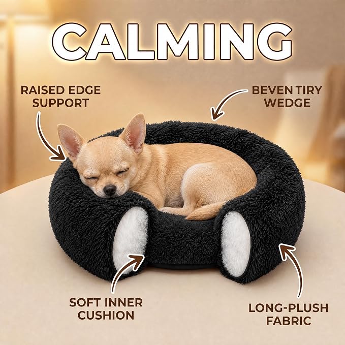 Tiny Dog Bed for Extra Small Dogs for Chihuahua Pomeranian Toy Poodle | 15 Inch Washable Puppy Bed,Soft Faux Fur Calming Donut Bed,Black