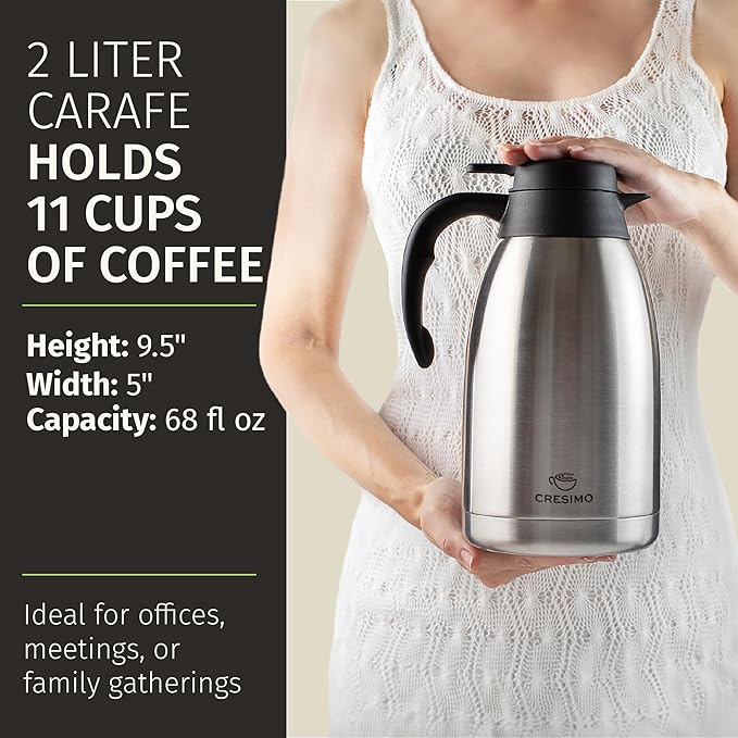 Thermal Coffee Carafe 2L / 68 oz – Updated 2025 Model – Insulated Stainless Steel Coffee Dispenser for Hot & Cold Drinks – 24h Cold / 12h Hot – Coffee Urn & Tea Carafe with Cleaning Brush by Cresimo