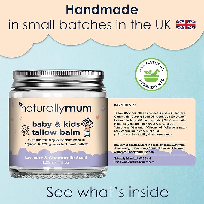 NaturallyMum Baby & Kids Tallow Balm | All-Natural Organic Grass Fed Beef Tallow | Moisturizing Cream | For Dry & Sensitive Skin | All in One Skincare Solution | 4.2 fl oz