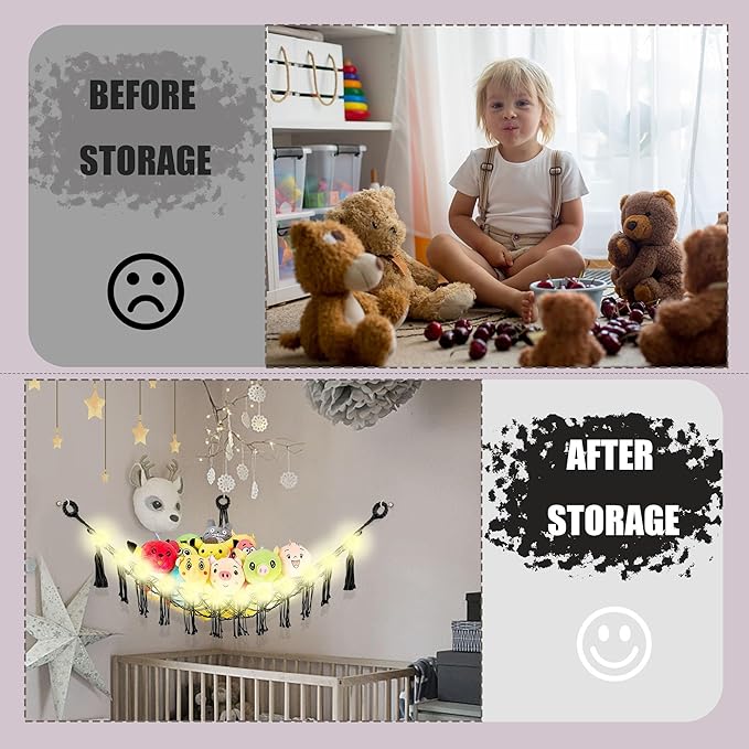 CERETIA Stuffed Animal Hammock with LED Light, Large Stuffed Animals Storage Corner Plushie Net for Kids Room Decor, 2 Packs Black