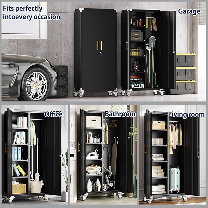 71" Broom Storage Cabinet, Cleaning Tool Storage Cabinet, Garage Utility Storage with Hooks and Hanging Rods, Heavy Duty Garden Tool Organizer, for Home, Garage, Laundry Room, Gym, Workshop.