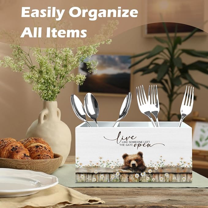 DILSJ Bear Inspirational Pen Pencil Holder Organizer for Desk, Bear Gifts for Women Men, Live Like Someone Left the Gate Open Wooden Box Signs for Home Office Desk Tabletop Decoration