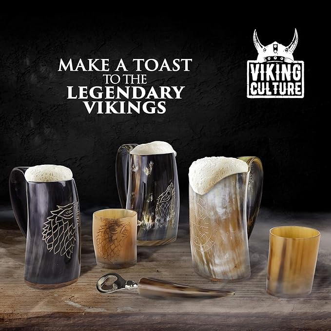 Viking Culture Ox Horn Mug, Shot Glass, and Bottle Opener (3 Pc. Set) Authentic 16-oz. Ale, Mead, and Beer Tankard | Vintage Stein with Handle - Natural Finish | Without Design
