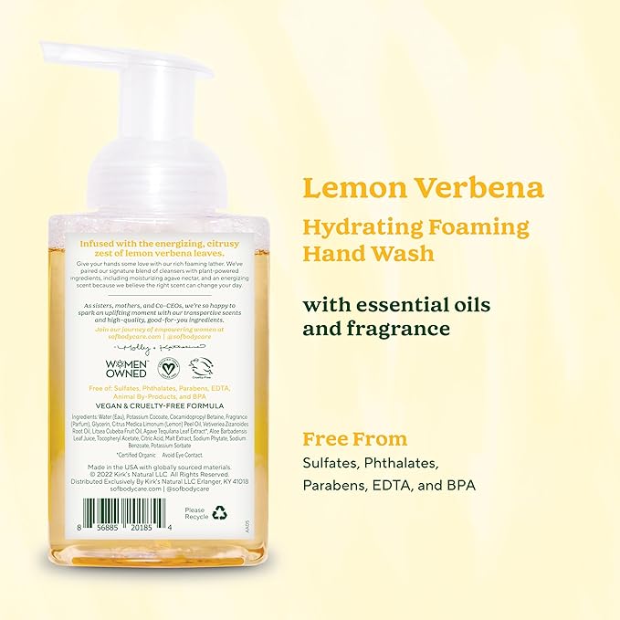SoF Hydrating Foaming Hand Wash - With Organic Agave Nectar & Coconut Oil- Vegan & Non GMO- Free From Phthalates, Sulfates & Parabens- Lemon Verbena - 8 oz Bottle 6 Pack