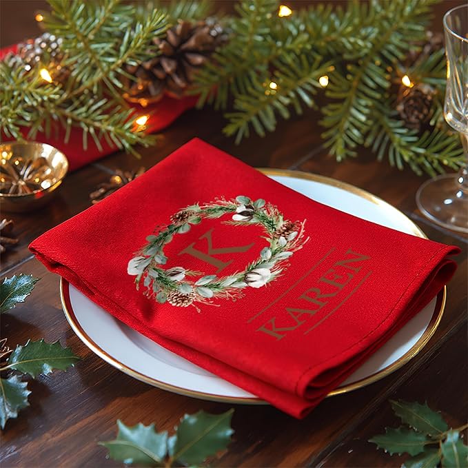 Custom Christmas Kitchen Towels Square Personalized Initial Name Wreath Hand Towels Christmas Tea Dish Towel Kitchen Decor Gifts for Family Red 17.7×17.7INCH