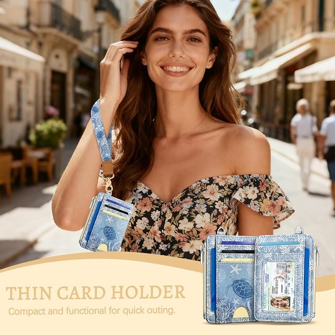 Kelvoris Credit Card Holder Small Wallet Women, Slim RFID, Turtle | Keychain, Zipper Coin Pocket, Front Pocket Thin Travel Card Case, Minimalist, 6 Card Slots, 1 ID Window, Ladies Gifts Woman