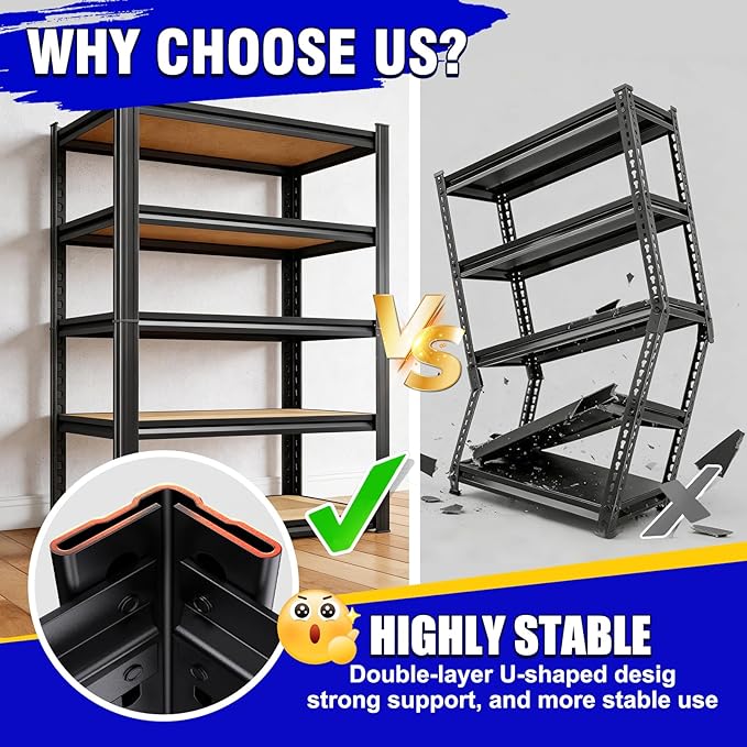 71"H Heavy Duty Garage Shelving - 1900 LBS Capacity 5-Tier Metal Storage Shelves, 71"H x 28"W x 12"D Adjustable Steel Utility Rack, Compact Storage Shelf for Pantry, Closet, Basement, Shed - Black