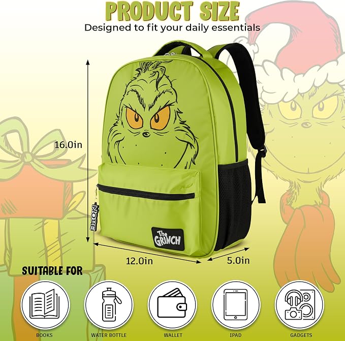 AI ACCESSORY INNOVATIONS Dr. Suess’s The Grinch Backpack for Boys & Girls Featuring a Big Face Grinch, 16”Bookbag w/Molded Nope Dangle, Green