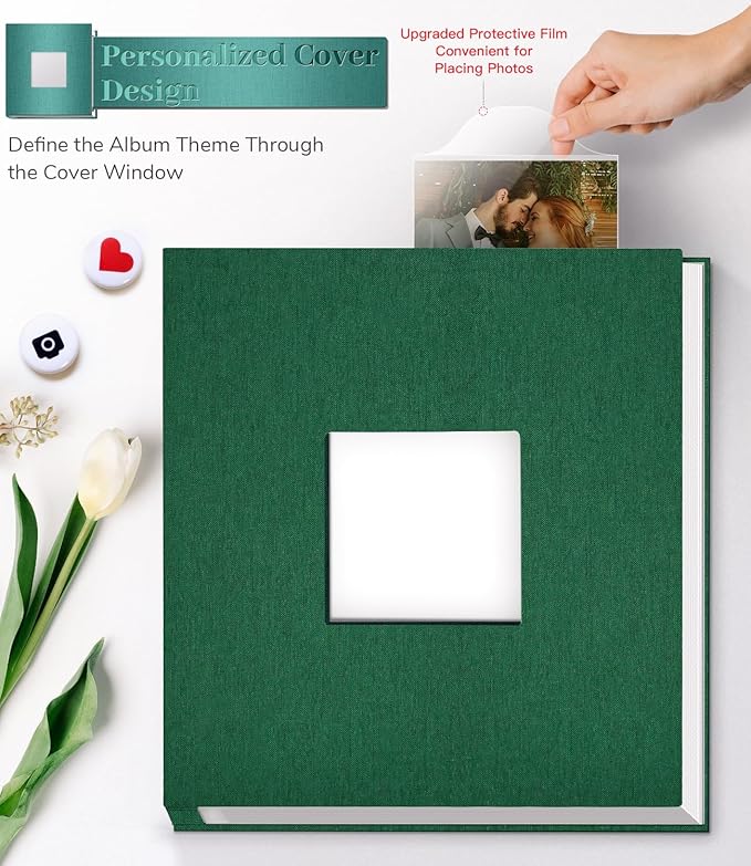 Photo Album Self Adhesive Scrapbook Album for 3x5 4x6 5x7 8x10 Pictures, 60 Pages Linen Cover with Display Window DIY Photo Book,Ideal Gifts for Family Travel Wedding Baby