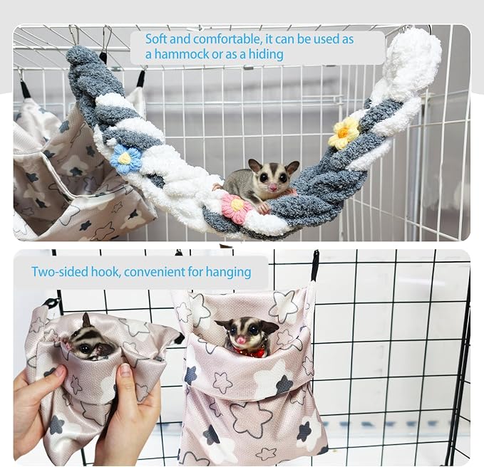 Hamiledyi Rat Hammock Sugar Glider Climbing Ropes Toys Rat Hanging Tunnel Hammock Swing Squirrel Hideout Bed Cage Accessories for Ferret Mouse Hamster Small Animals (Grey)