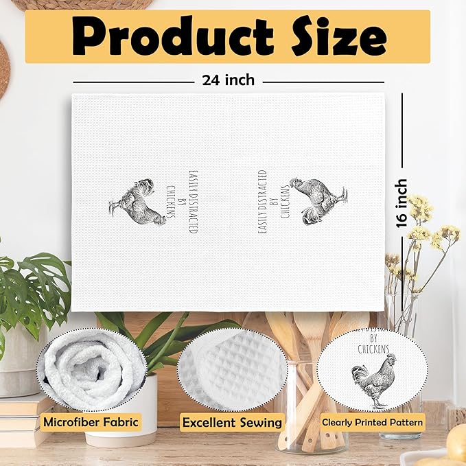 Funny Chicken Kitchen Towels, Chicken Lover Gifts Hand Towels for Kitchen, Easily Distracted by Chickens Decorative Tea Towels Dish Towels, Chicken Mom Gifts, Chicken Kitchen Decor 16x24 Inch