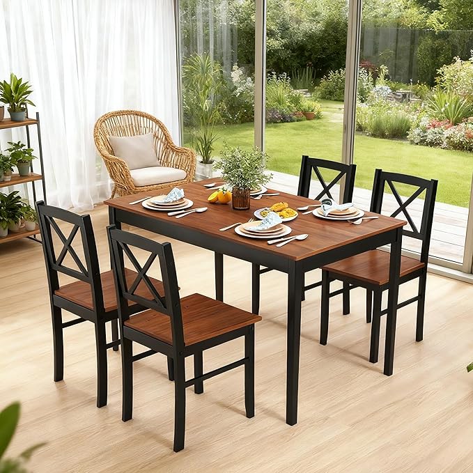 Tangkula 5-Piece Mid-Century Modern Dining Table Set for 4, Wooden Kitchen Table and Chairs, Compact Rubber Wood Dining Room Set for Small Spaces, Kitchen & Living Room