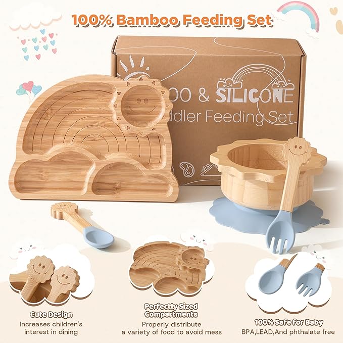 Bamboo Suction Plates Bowls Set for Baby Toddler - Includes Bamboo Bowl, Divided Plate, Silicone Fork & Spoon, All-Natural Baby Feeding Set for Baby-Led Weaning