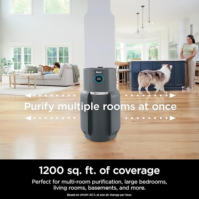 Shark Air Purifier for Home, NeverChange Max, 1,300 sq. ft. for Large Room, Kitchen, Home Office, HEPA-Exceeding Filter, Captures Pollutants, Pet Dander, Dust, Odor, Smoke, and More, HP301, Grey