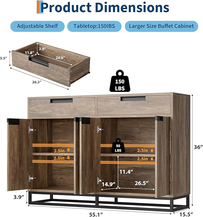 Garvee Kitchen Buffet Cabinet 55 Inch Large Modern Sideboard with 2 Drawers and 4 Doors, Coffee Bar Buffet Table for Kitchen and Dining Room, Brown