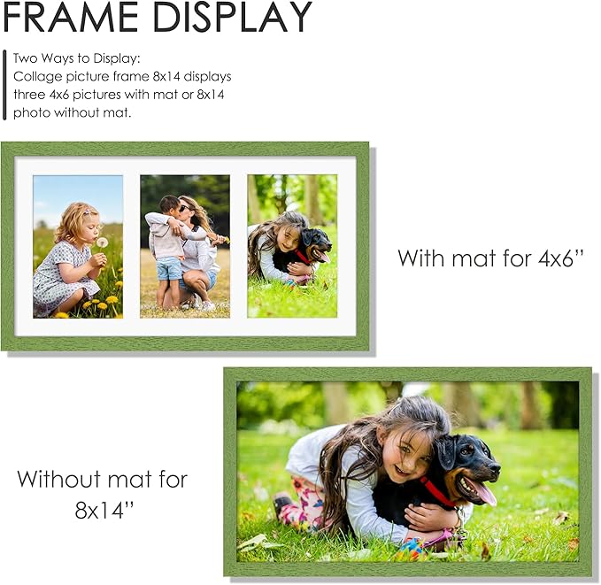 8x14 Collage Picture Frame 4x6 Collage Picture Frame Displays Three 4x6 inch Photos or 8x14 (Without Mat) for Available Horizontal Wall Mounting Display and Vertical Green