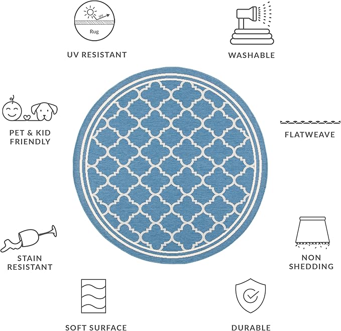 SAFAVIEH Washable Rug Outdoor Courtyard Collection - 5'3" Round, Blue & Beige, Non-Shedding & Easy Cleaning, Ideal for Patio, Backyard, Mudroom (CY6918-243)