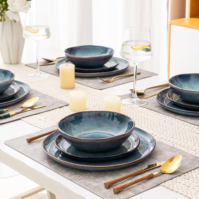 AmorArc Ceramic Dinnerware Sets,Handmade Reactive Glaze Stoneware Plates and Bowls Set,Highly Scratch Resistant | Dishwasher & Microwave Safe,Service for 4 Dishes Set - Reactive Blue(12pc)
