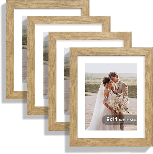 9x11 Picture Frame Set of 4, Made of Real Glass and Natural Oak Frame - Display Picture 7x9 with Mat or 9x11 Without Mat, 9 by 11 Photo for Wall or Tabletop