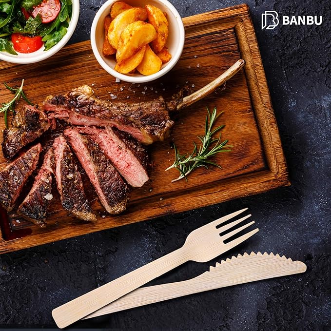Bamboo Disposable Utensils Set-180PK: (6.7” 60 Forks 60 Spoons 60 Knives) Eco Friendly Natural Compostable Biodegradable Bamboo Cutlery Disposable Forks Knives and Spoons Set