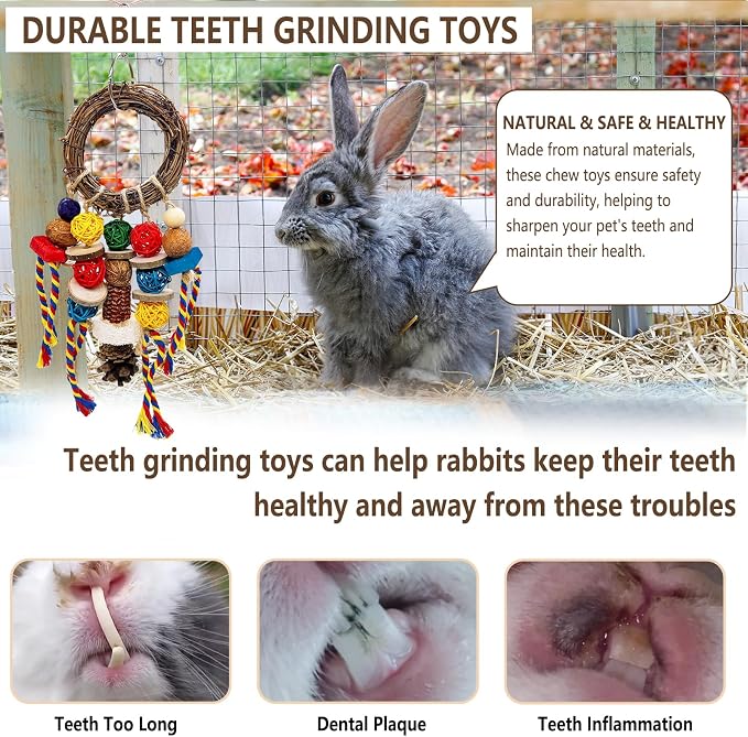 Bunny Chew Treats Toy for Teeth, 2PCS Rabbit Cage Hanging Chew Toys and Rattan Ring with Snack,Natural Material Chinchilla Treats Toys for Guinea Pig Gerbils Hamster Rat Teeth Grinding