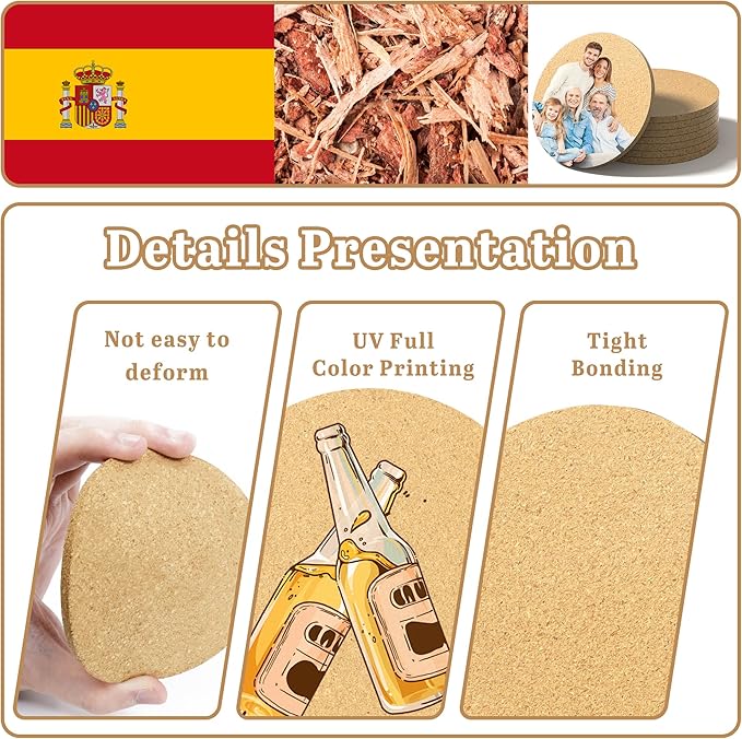 30-100 Pcs Personalized Coasters, UV Full Color Printing Customize Photo Logo Text, Custom Cork Bar Coaster for Drinks, Non-Slip Heat-Resistant Custom Drink Coasters for Personalized Gifts (Round)