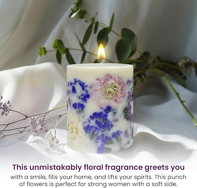 VIONAMI Botanical Scented Pillar Candle - Tropical Rare Flower Fragrance Candles Gifts for Women, Gift Ready - Decorative Natural Soy Scented Candles with Dried Flowers for Home (Forget Me)