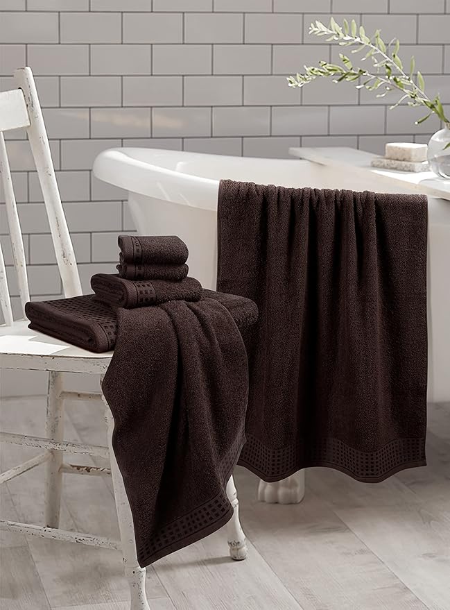 GLAMBURG 100% Cotton Ultra Soft 6 Pack Towel Set, Contains 2 Bath Towels 28x55 Inches, 2 Hand Towels 16x24 Inch & 2 WashCoths 12x12 Inches, Compact Absorbent Lightweight & Quickdry - Chocolate Brown