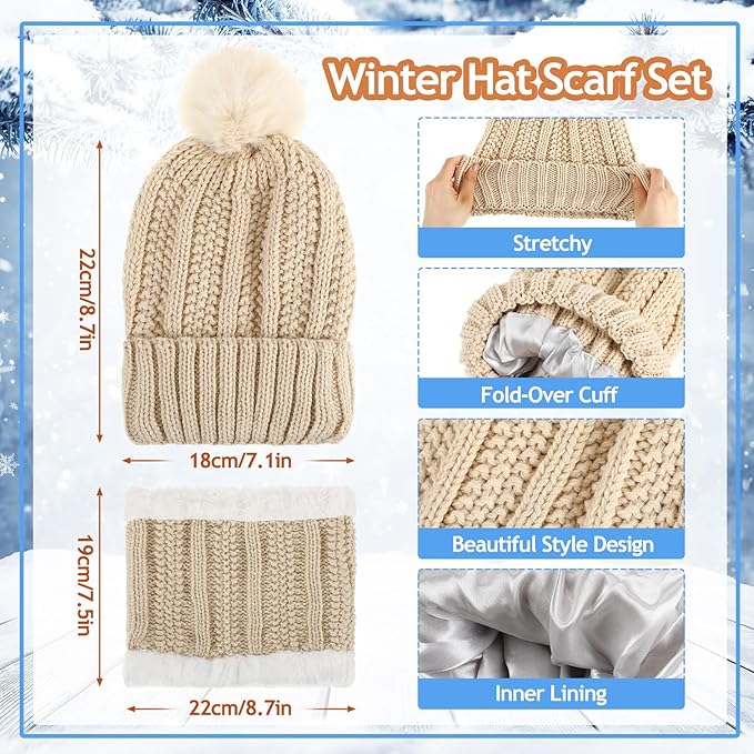 SATINIOR 5 Pcs Winter Satin Lined Hat Scarf Gloves Set Knit Pompom Beanie Warm Touchscreen Glove Earmuff Ear Warmer for Women