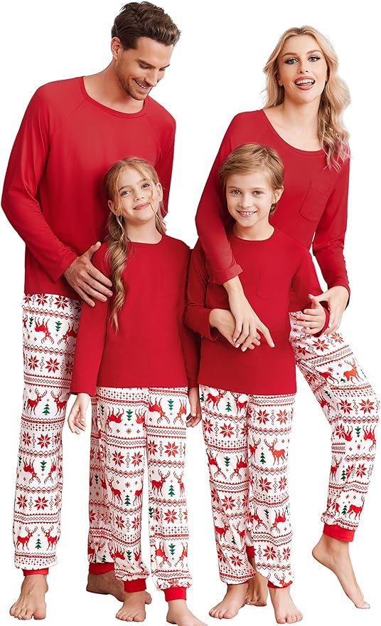 Ekouaer Family Matching Pajamas Christmas Sleepwear Long Sleeve Sleep Shirt with Plaid Pants Soft Loungewear Pjs Set S-XXL