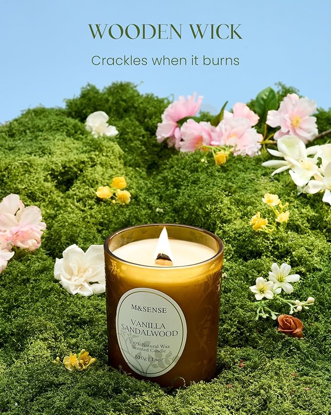 M&SENSE Vanilla Sandalwood Candle, Cracking Wooden Wick Soy Wax, 18oz 100 Hours Long Lasting Clean Burn, Large Jar Candles for Fall Winter Home Scented, Non-Toxic Relaxing Aromatherapy Gifts for Women