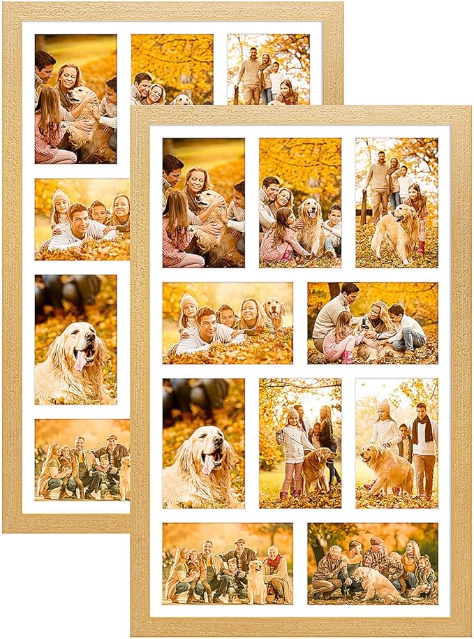 13x21 Collage frame with 10 Openings 4X6 Pictures, Multiple Picture Frame with Mat, Wall or Tabletop Decor, Natural Wood Grain,2 Pack